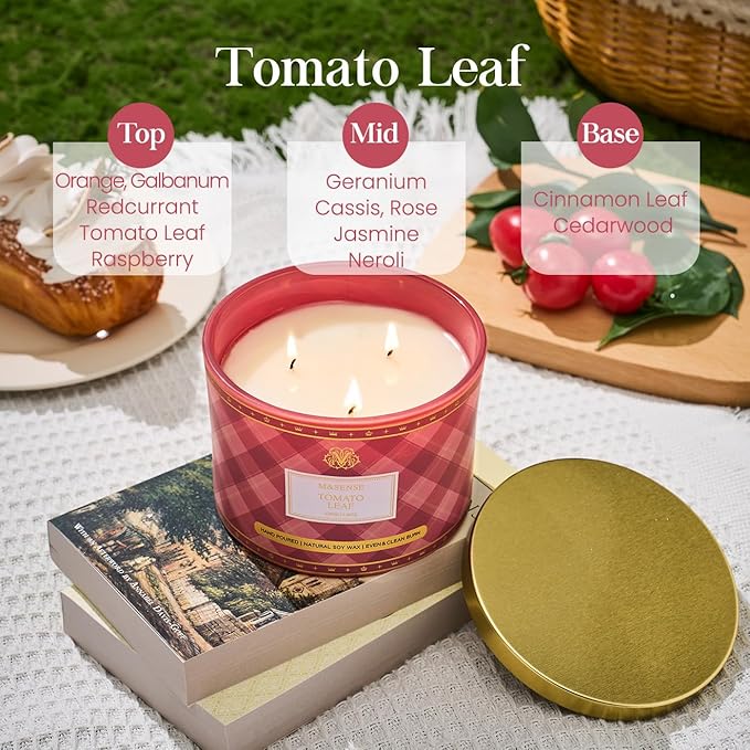 M&SENSE Plaid Pattern 3 Wick Soy Candles,11.64 oz Large Tomato Leaf Scent Candle for Relaxation, Gifting, Home Décor | for Bedroom, Office, Party