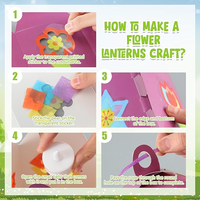 Simgoing 12 Sets Spring Flower Crafts with LED Lights DIY Mother's Day Crafts Lanterns Kits Colorful Flower Tissue Paper Suncatchers for Mother's Day Window Home Decor Spring Summer Activities