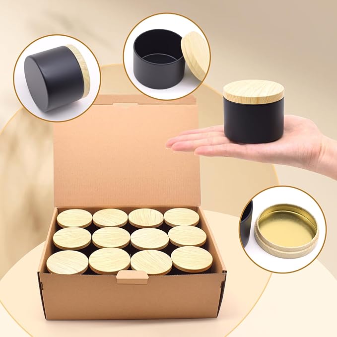 12-Pack Candle Jars, 4oz Candle Tins with Metal Wood-Grain Printing Lids, Empty Metal Candle Jars for Making Candles Bulk Candle Containers -Black
