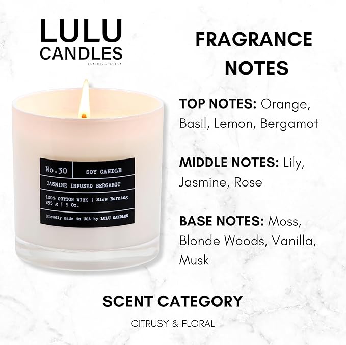 Lulu Candles | Jasmine Infused Bergamot | Luxury Scented Soy Jar Candle | Hand Poured in The USA | Highly Scented & Long Lasting- 9 Oz.