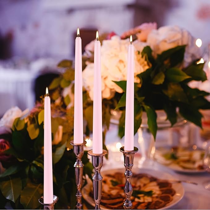 10 Inch Pink Taper Candles Set of 24,Unscented,Smokeless and Dripless Candlestickst for Valentine's Day,Household, Wedding, Party and Home Décor Candlesticks,Shabbat,8 Hours Burn Time