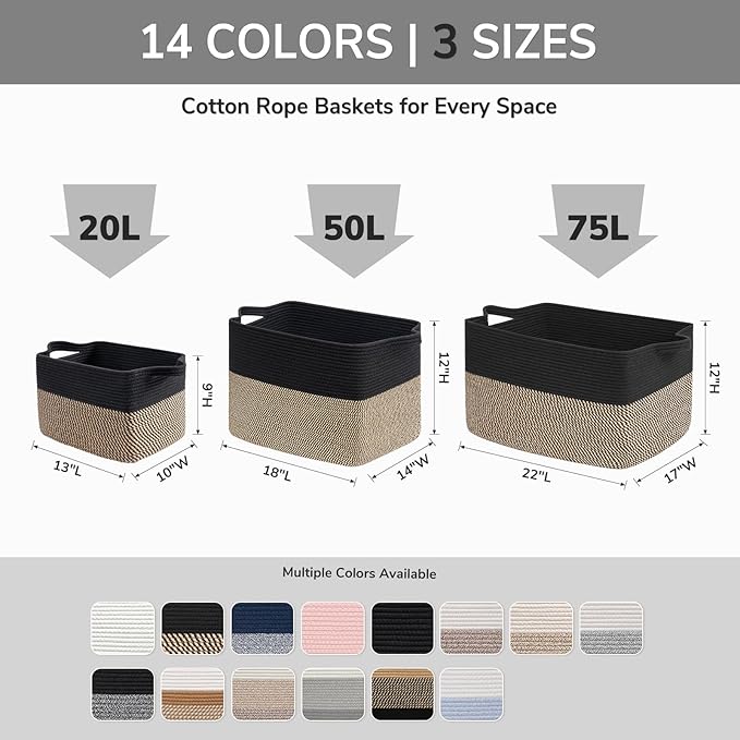 Goodpick Woven Storage Baskets for Organizing, Cotton Rope Organizer for Living Room Bedroom, Black Laundry Basket with Handles, Stylish Gift Baskets for Baby Boys, 13"x10"x9"