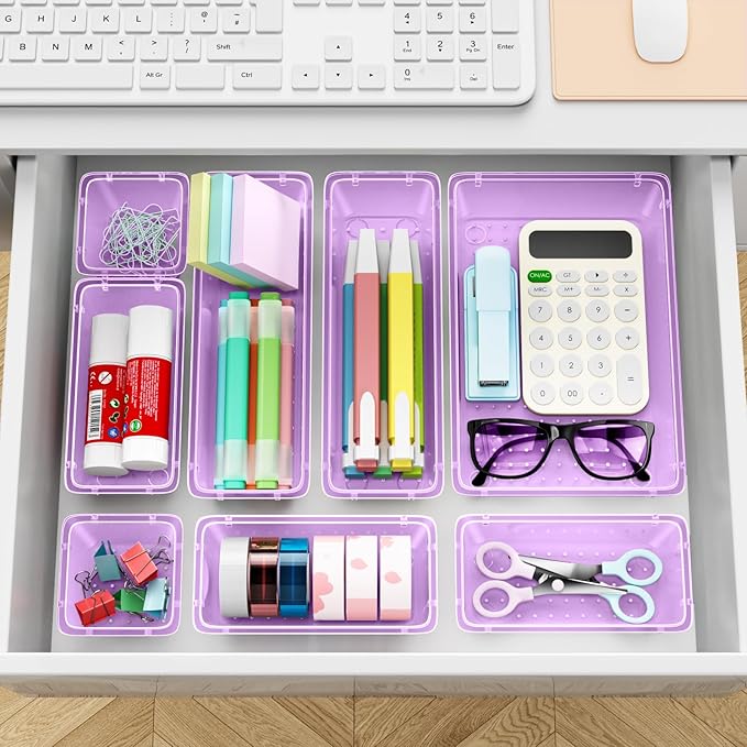 ElegantArray 12-Piece Drawer Organizer Set, 4 Sizes Versatile Plastic Vanity Organizer for Makeup, Stationery, Gadgets, in Kitchen, Bathroom, Office, and Bedroom, Purple