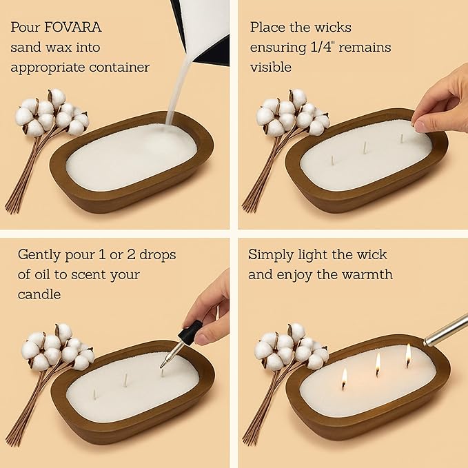 Fovara - Pearled Sand Candles with Wicks, 3.3 lbs - Sand Wax Candle Kit: Wooden Dough Bowl,50 Wicks, Jasmine & Lavender Scented Oil - Long-Lasting Candle Beads, Non-Toxic, Reusable Candles - White