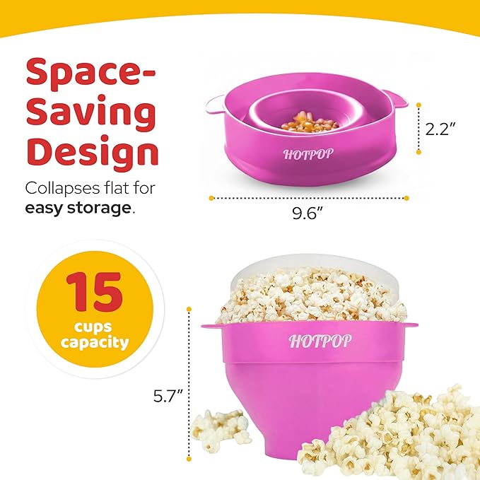 The Original Hotpop Microwave Popcorn Popper, Silicone Popcorn Maker, Collapsible Bowl BPA-Free and Dishwasher Safe- 20 Colors Available (Pink)