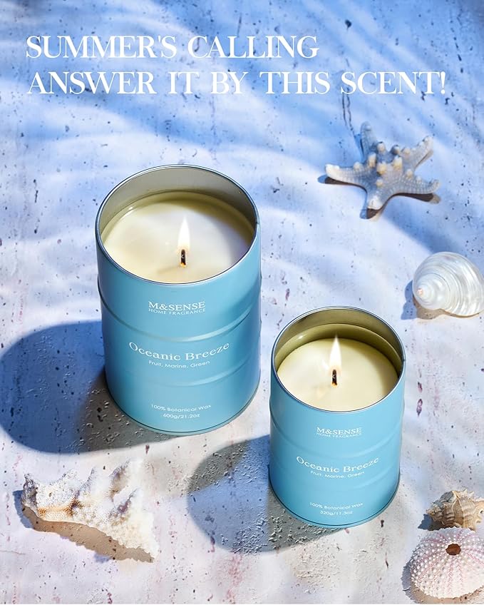 M&SENSE Oceanic Breeze Scented Candles Summer Soy Candle, Beach Candles Scented for Stress Relief Meditation Relaxing, Housewarming Gifts for Women Men, 11.3oz 70 Hour Long Burning