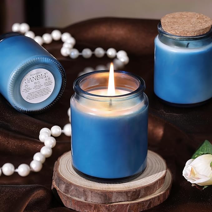 Lanttu 12 Pack Blue Candle Jars for Making Candles, 7.5oz Glass Jars with Wooden Lids and Labels, Candle Making Supplies Candle Containers for Home DIY, Gifts, Table Decor