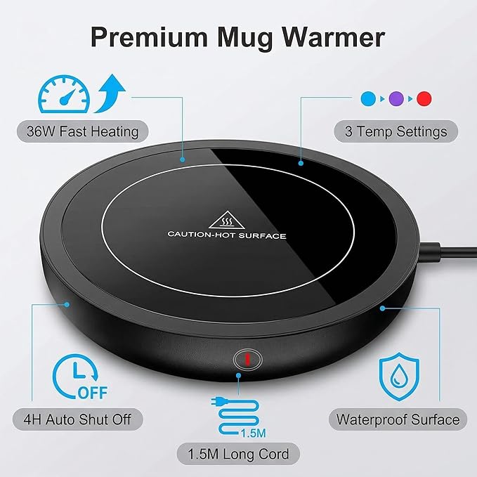 Coffee Mug Warmer, Fastest Heating Temperature, KRGMNHR Coffee Cup Warmer for Desk Auto Shut Off, 3-Temp Settings, Candle Wax Warmer Heating Plate for Coffee, Milk, Tea (Up to 180° F/80 °C), Black