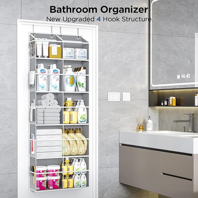 2 Pack 5-Tier Over The Door Organizer with 10 Side Mesh Pockets & Clear Windows, 80 lbs Weight Capacity Hanging Storage for Bathroom, Bedroom, Nursery, Kitchen, Organize Shoes, Diapers(Clear Grey)