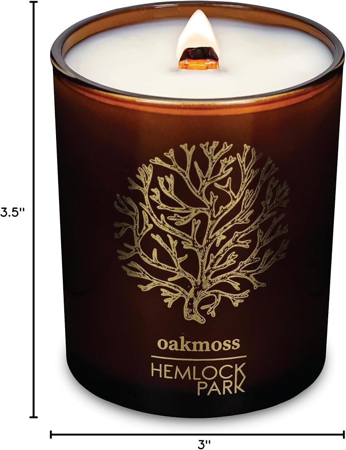 Hemlock Park Amber & Gold Wood Wick Candle Handcrafted with Natural Coconut Wax (Standard 7.2 oz, Oakmoss)