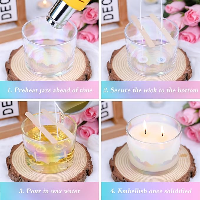 CONNOO 8 Pack 12 oz Iridescent Glass Wide Mouth Candle Jars for Making Candles with Airtight Bamboo Lids, Nice Sticky Warning Labels for Candle Making, Empty Container Bulk - Dishwasher Safe