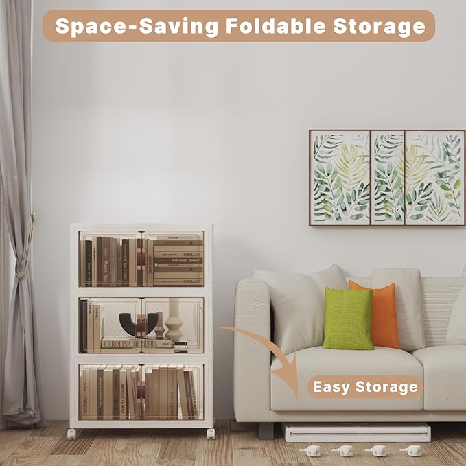 Stackable Storage Bins with Lids 144QT-48QT*3Pack Folding Storage box with Doors and Wheels, Collapsible Plastic Bins Stackable Organizer and Containers for Home, Garage, Office