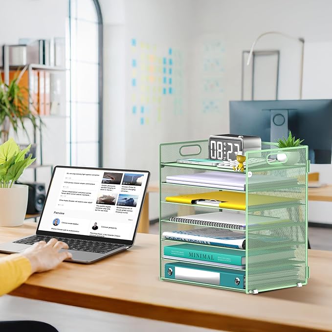 7 Tier Paper Organizer - Mesh Desktop File Holder with Handles for Office School Desk, Black (Mint green)