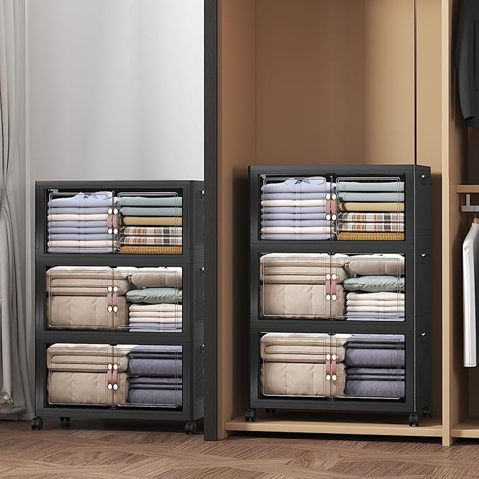 Extra Large Stackable Storage Bins with Lids & Wheels, Foldable Collapsible Closet Organizers Dark Storage Cabinet with Doors for Bedroom Dorm