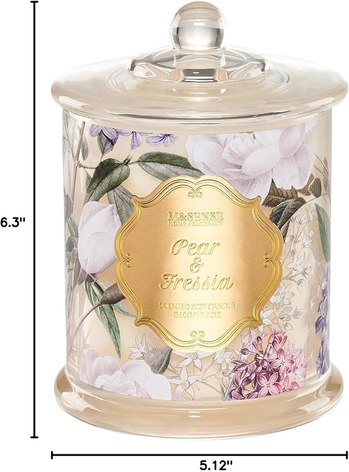 M&SENSE Pear Fressia Candles Home Scented, Organic Soy Candle 12.7oz 75 Hour Long Lasting Slow Burning, Spring Floral Fragrant Relaxing Aromatherapy Candle, Aaesthetic Candle Gift for Women