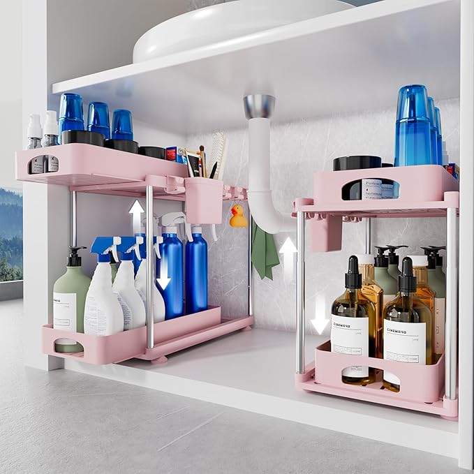 VERIFOST Under Sink Organizer, 2 Pack Kitchen and Bathroom Cabinet Organizer, 2 Tier Adjustable Height Storage, Pink