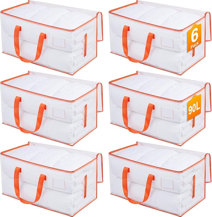 KYODOLED Clear Moving Bags with Orange Handles, 6-Pack Heavy Duty Storage Totes for Clothes & Bedding, Extra Large 27"x14"x15" (24 Gal), Foldable Transparent Organizer with Label Pocket, PP Material