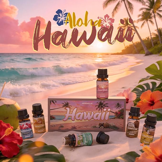 ARVIDSSON Hawaii Fragrance Oil Set, Summer Essential Oils for Diffuser, Tropical Scent Oils - Sunset Breeze, Coconut Coast, Gild Pineapple, Tropical Citrus, Iced Watermelon, Tanderine Mojito,