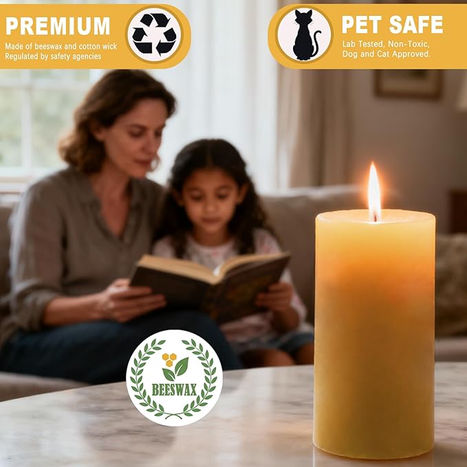 6 Pack Beeswax Pillar Candles - 3x4in 360 Hours Emergency Candles, Beeswax Pillar Candles Long Burning Pure Natural for Home, Dripless & Smokeless Bees Wax Candle for Relax
