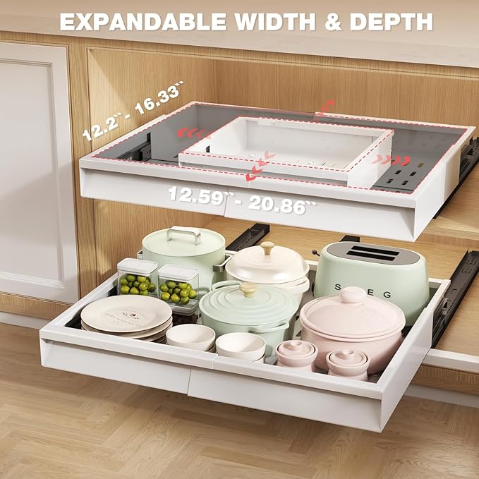 2 Pack Pull Out Cabinet Organizer With Raising Pad for Framed Cabinets,Expandable Width (13"-21") and Depth (13"-17"),3 Slide Rails Slide Out Drawers with Handle,No-Drill Roll Out Shelf,White
