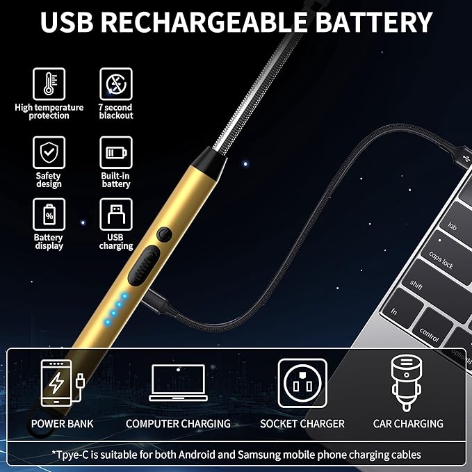 2-Pack Rechargeable Electric Candle Lighters, Flameless Windproof Long Lighter with 360° Flexible Neck and LED Display for Candles, Camping, BBQ & Fireplace (Gold)