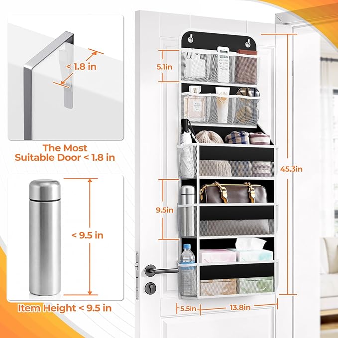 5-Tier Over the Door Organizer with Mesh Pockets, Baby Nursery Storage for Closet, Bathroom and Bedroom, Adjustable Hanging Closet Organizer for Cosmetics, Books and Essentials（Black）