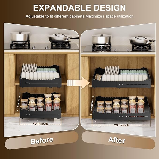 Pull Out Drawers for Cabinets, Expandable Pull Out Cabinet Organizer 11-18" Width,13-24" Depth, Roll out Shelves for Cabinets Without Lip, No Drill Adjustable Slide out Drawers for Kitchen & Pantry
