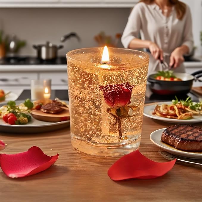 Gel Wax Candle,Sparkling Real Rose & Gold Flakes Candle in Glass Jar,Floral Scented,Smokeless Clean Burn,Glam Home Decor or Wedding,Bridesmaid Gift,Photo Prop,Self Love Healing (Floral)