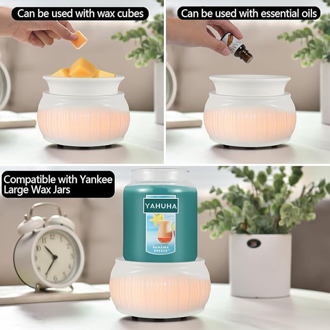 Ceramic Wax Melt Warmer for Scented Wax Warmer with 7 Colors LED Ambiance Light 3-in-1 Electric Fragrance Candle Burner for Home Office Deco Birthday Gifts for Women Girl Mom Daughter (White-02)