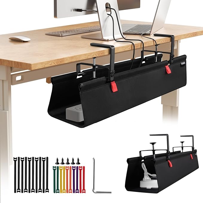 Under Desk Cable Management Tray with Clamp, No Drill 28" Cord Organizer for Desk, Desk Cable Management Fabric Tray for Standing Desks, Ideal for Home & Office - Black