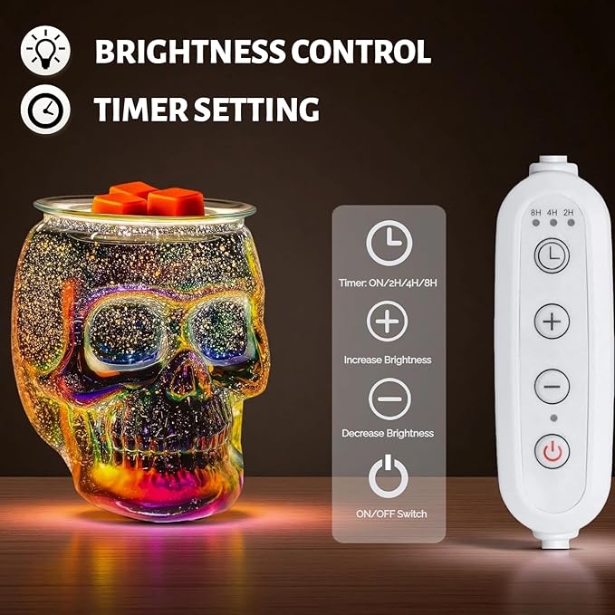 Wax Melt Warmer with Timer, Wax Warmer for Scented Wax with Light Bulb, Electric Skull Wax Burner, Halloween Fragrance Wax Melter for Home and Gifts (Rainbow Skull with Timer)