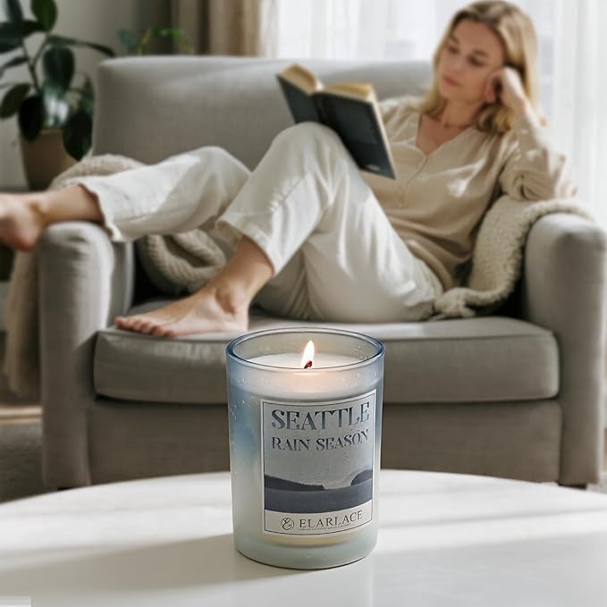 Seattle RAIN Season Scented Candle | 40H Burn Time, 8.8oz Clean-Burning Plant-Based Candle | Tranquil Pacific Northwest Scent | Fall & Holiday Gift for Travel Lovers