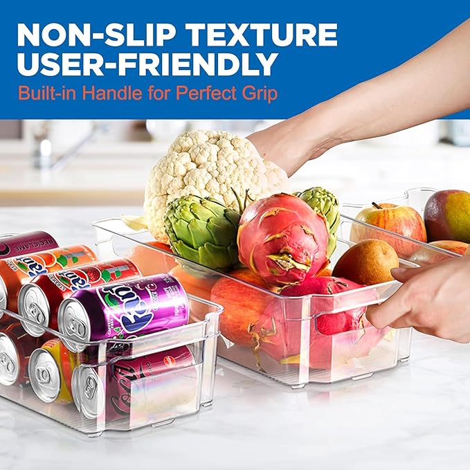 NutriChef Refrigerator Organizer Bins 6-Piece - Plastic Storage Bins with Egg Holder - For Fridge, Freezer, Kitchen, Cabinet, Countertops, Pantry - Stackable Food & Drink Containers, 14.5"x7" - Clear