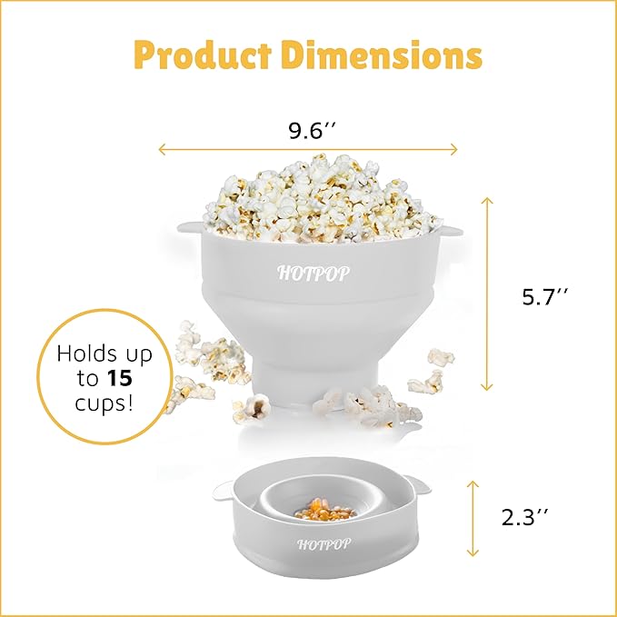 The Original HotPop Silicone Popcorn Maker - Microwave Popcorn Popper - Collapsible Bowl, Heat-Resistant, Easy to Clean, Ideal for Family Movie Nights, 15-Cup Capacity - White