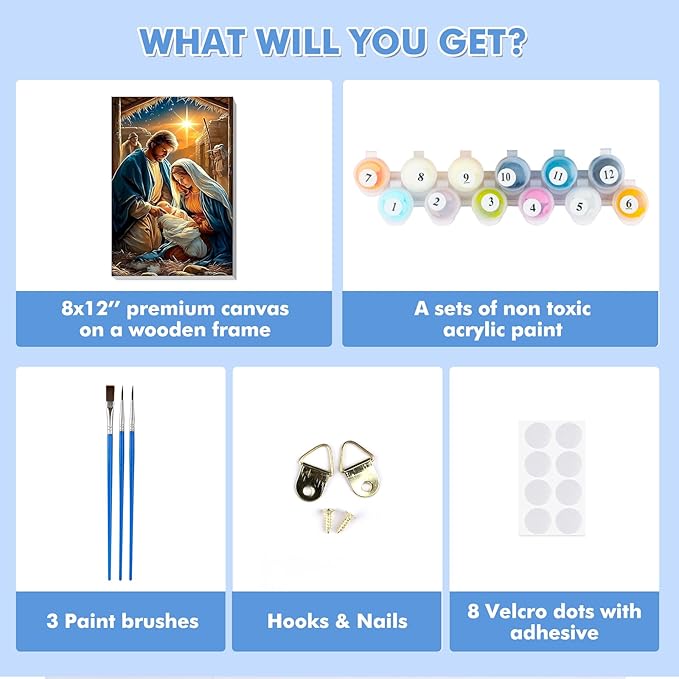 Bowetile Nativity Scene Paint by Numbers for Adults Beginners Framed, Adults' Paint-by-Number Christmas Kits on Canvas, Acrylic Number Painting Christmas Gifts for Home Wall Decor, 8x12in
