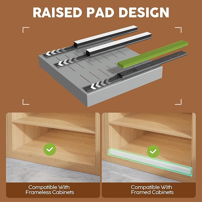 2 Pack Expandable Width (9"-14.1") Pull Out Cabinet Organizer 21" Deep with Raising Pad for Framed Cabinets, Upgrade 3 Slide Rails Slide Out Drawers, Roll Out Shelves Adhesive, Silver