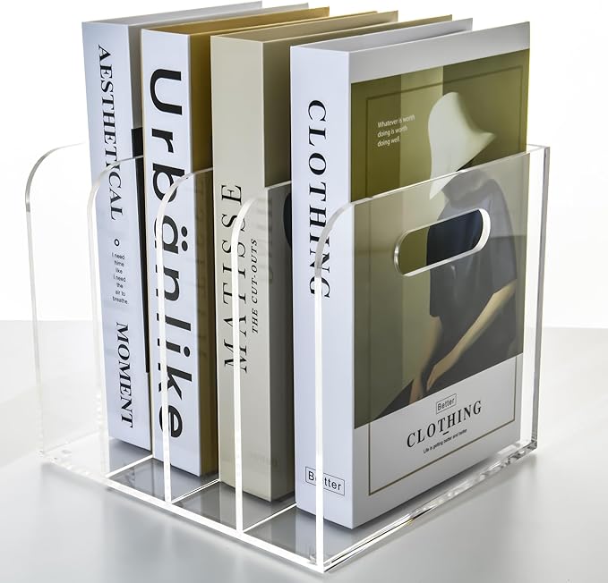 4 Vertical Compartments File Holder, Clear Acrylic Desk Organizer and Storage Bins Holding for Magazines, Binders, Notebooks, Envelopes, Multi-purpose Document Organizer for Home Office