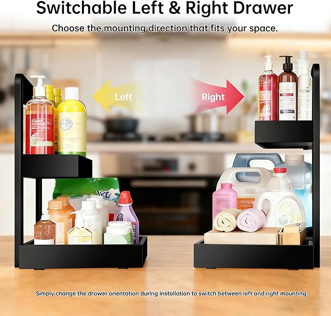 2-Tier Under Sink Pull Out Organizer, Bamboo Cabinet Storage Shelf with Adjustable Height, Slide Out for Kitchen Bathroom Pantry Black