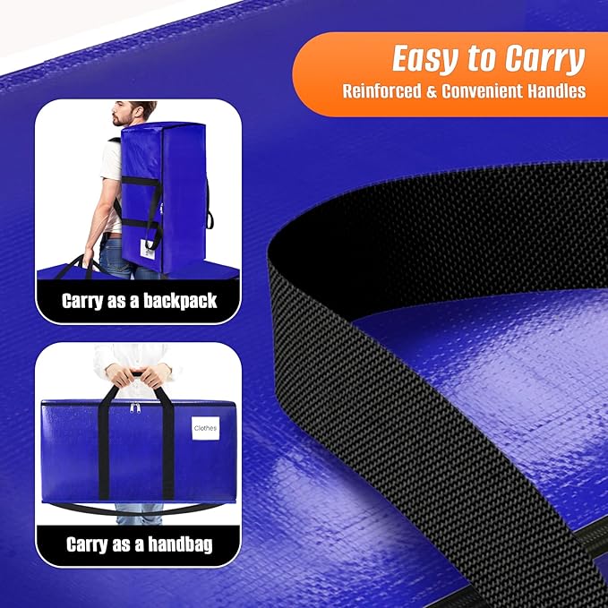 FabSpace 4-Pack Moving Bags with Backpack Straps & Carry Handles, 30 Gallons-125 L Heavy Duty Storage Totes for Space Saving, Foldable Storage Bags for College Dorm, Travel, Camping (Blue)