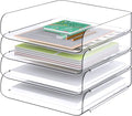 Tomorotec Desk Letter Tray Set, A4 Size Clear PET Stackable Document Organizer Office Desktop File Paper Holder Book Storage Rack Side Load Anti-Skid Stacking Support Convex Bottom (4X Portrait)