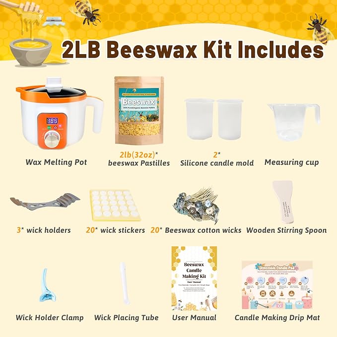 Beeswax Candle Making Kit, 2LB Beeswax Candle Making Supplies with Electric Wax Melter, 100% Organic Beeswax Pellets for Lip Balm, Lotion, Furniture Polishing & Soap Making Ideal for Home Craft