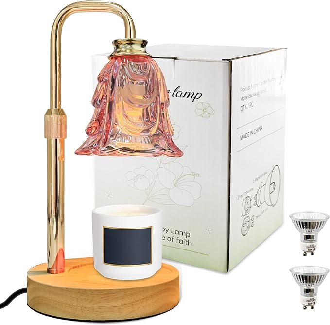 Candle Warmer Lamp with Timer & Dimmer, Adjustable Height Flower Candle Warmer for Jar Candles, Flameless Wax Melter with 2 Bulbs, Home Decor, Christmas, Birthday, Valentine's Gift for Women (Pink)