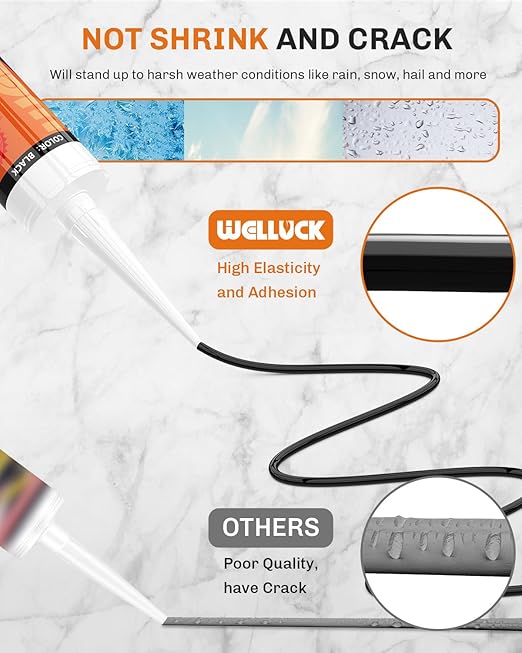 WELLUCK Black Silicone Caulk, 100% Waterproof Silicone Sealant Adhesive Caulking,for RV, Kitchen,Bathroom, Window, Door, Glass, Auto Leak Sealing 10.2FL.OZ/300ML（1 Pack）
