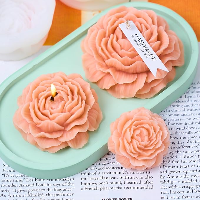 Peony Candle Making Kit with Candle Wicks Flower Silicone Mold for Candle Making Molds Set of Large + Medium + Small + 3 Cavities Peony Silicone Candle Mold Flower Wax Mold Soap Mould
