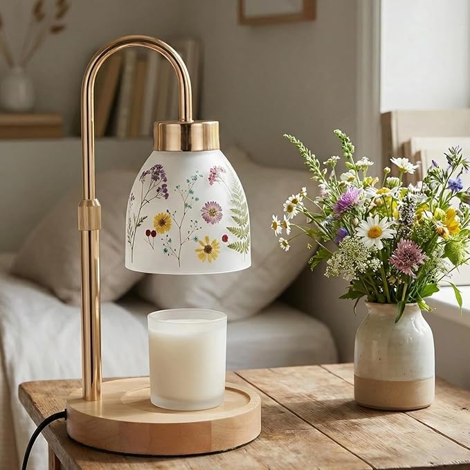 Baquler Pressed Flower Candle Warmer Lamp with Timer Dimmable Adjustable Height Vintage Boho Flower Candle Wax Lamp Housewarming Gifts for Women Mom Birthday Home Bedroom Decor(Transparent Style)