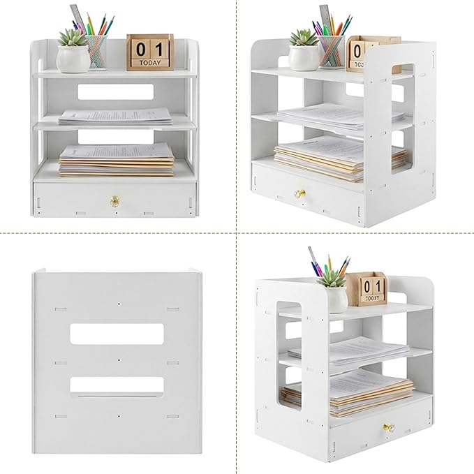 Desk Organizer, 3-Tier File Organizer for Desk with Drawer, Letter Tray Paper, Desktop Document Sorter for Letter, File Folder Holder for Office, Home or School- White MLT002W3