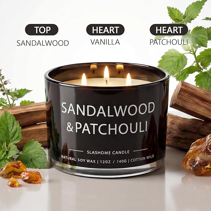 Sandalwood & Patchouli Scented Candle, Luxury Large 3 Wick Soy Candle 12 Oz, 60+ Hour Long Lasting Clean Burn, Elegant Aromatherapy Home Decor, Housewarming & Birthday Gift for Men & Women