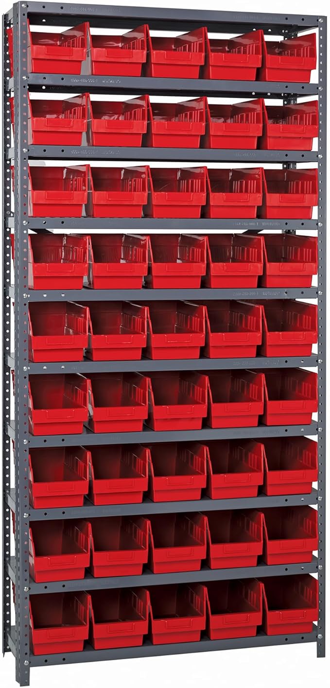 Quantum Storage Systems 1275-202RD Store More Steel Shelving Unit with 6" Shelf Bins, 12" D x 36" W x 75" H, Red