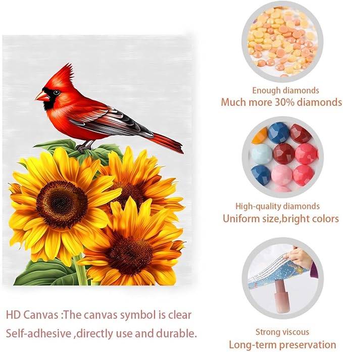 GUAIEUW Sunflower Red Bird Diamond Painting Kit for Adults, Full Round Diamond Cardinal Bird 5D Diamond Painting DIY Art Crafts for Winter Home Wall Decor Holiday Gift 20x24 Inch