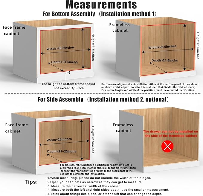 26''W x 21''D x 3''H Pull Out Cabinet Drawer Soft Close Slide Out Wood Organizer for Kitchen, Finished, Bottom and Side Assembly (Wood Drawer Part Width is 25inch)